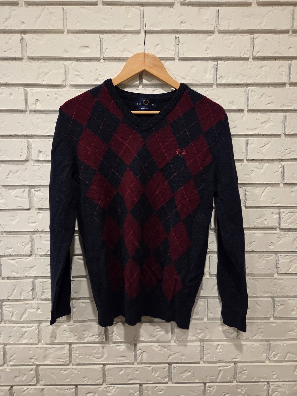 Fred Perry Men's Navy V-Neck Sweater with Burgundy Argyle